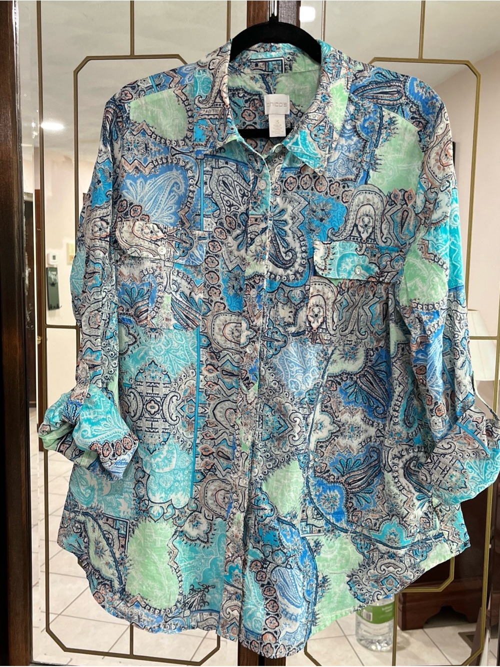 Chico's Blue, Mint & White Paisley Button-Down Shirt